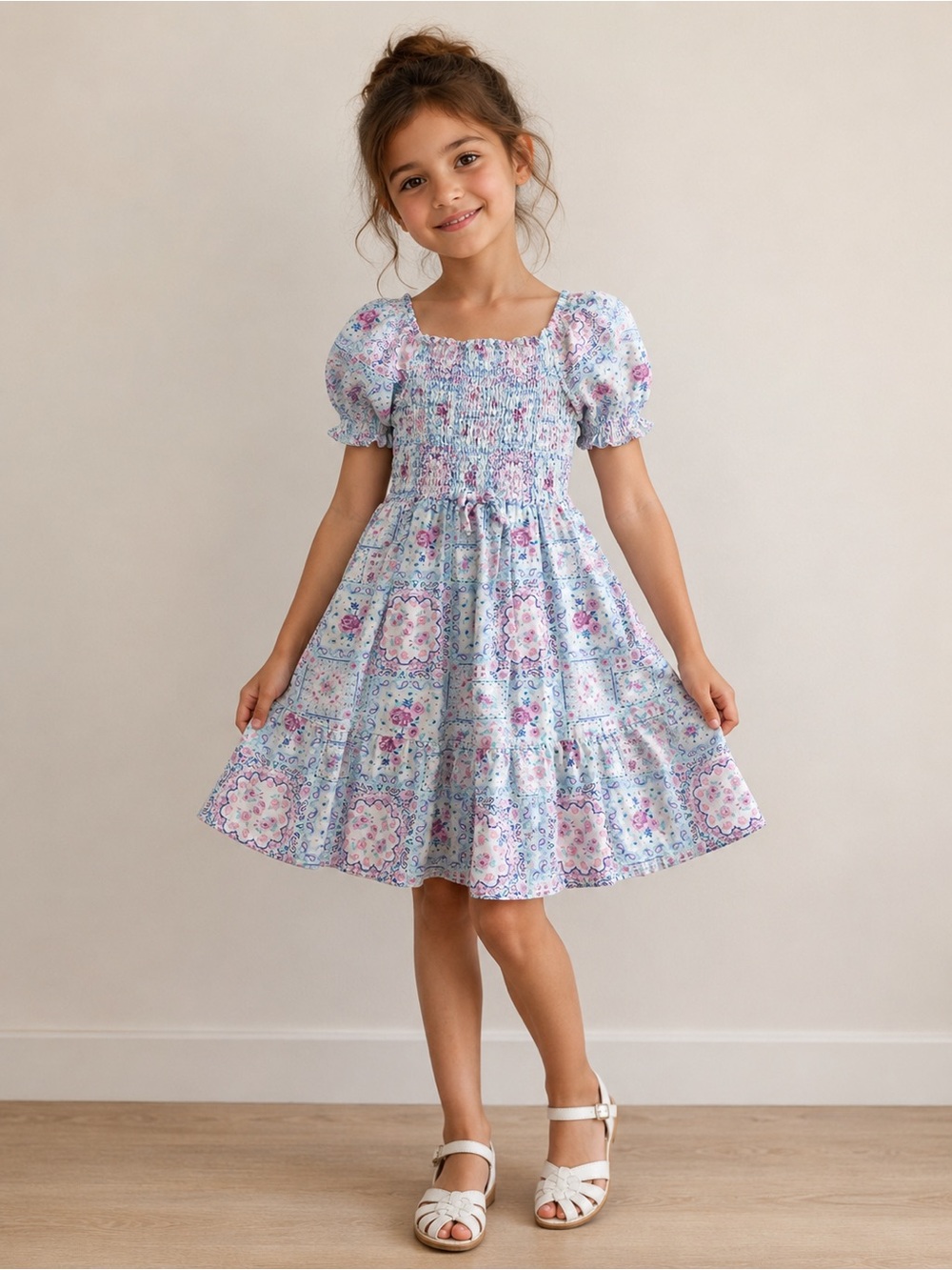 Nanette Lepore Blue and Pink Floral Smocked Puff Sleeve Dress size 8 y.o.